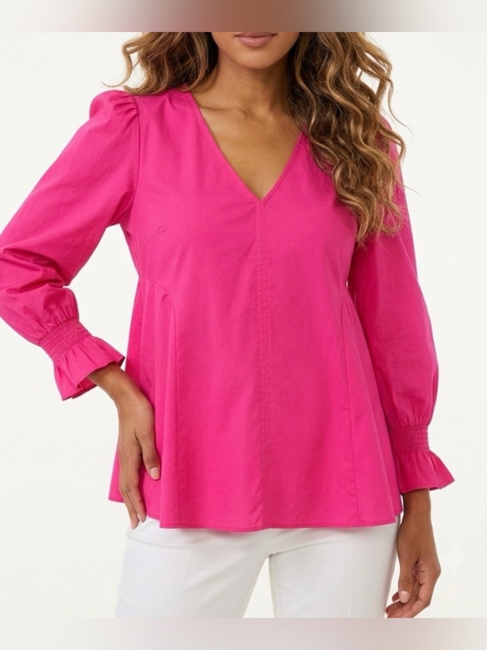 Tuckernuck Pomander Place Easton Blouse Pink Puff Sleeve V-Neck Smocked Cuffs S